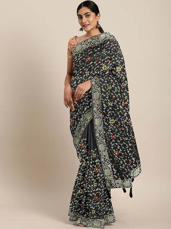 Neerus Black Banarasi woven saree - front view