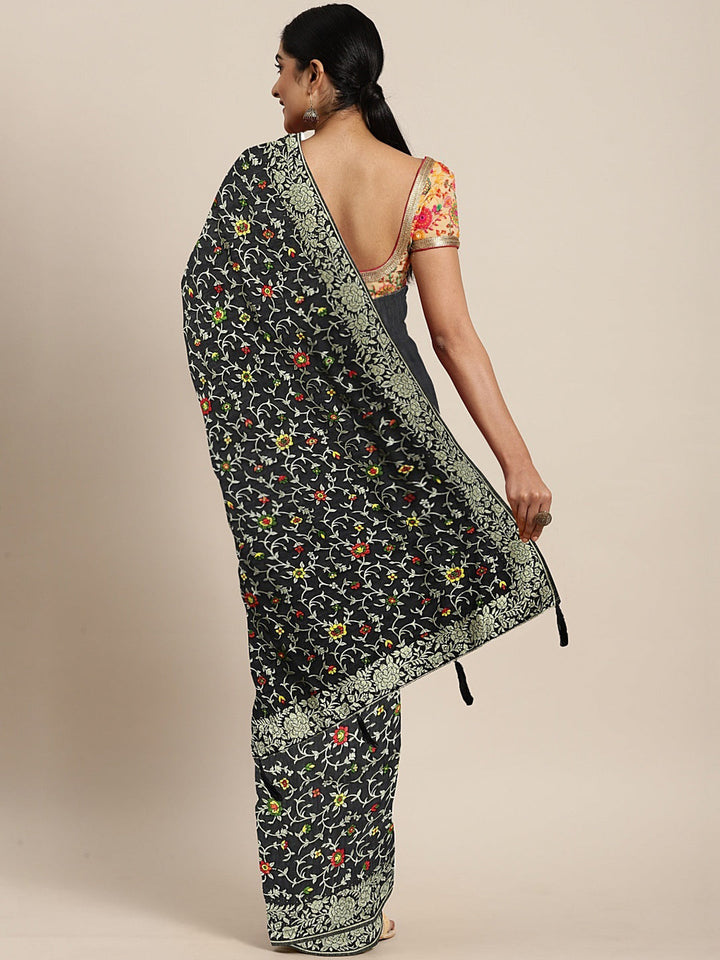 Neerus Black Banarasi woven saree - back view