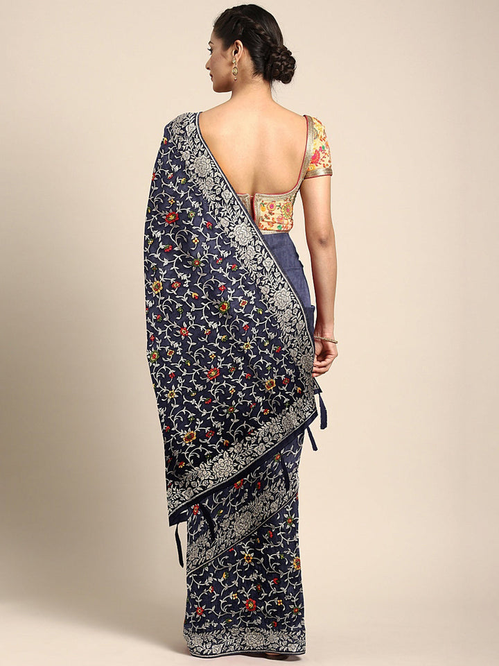 Neerus Blue Banarasi woven saree - back view