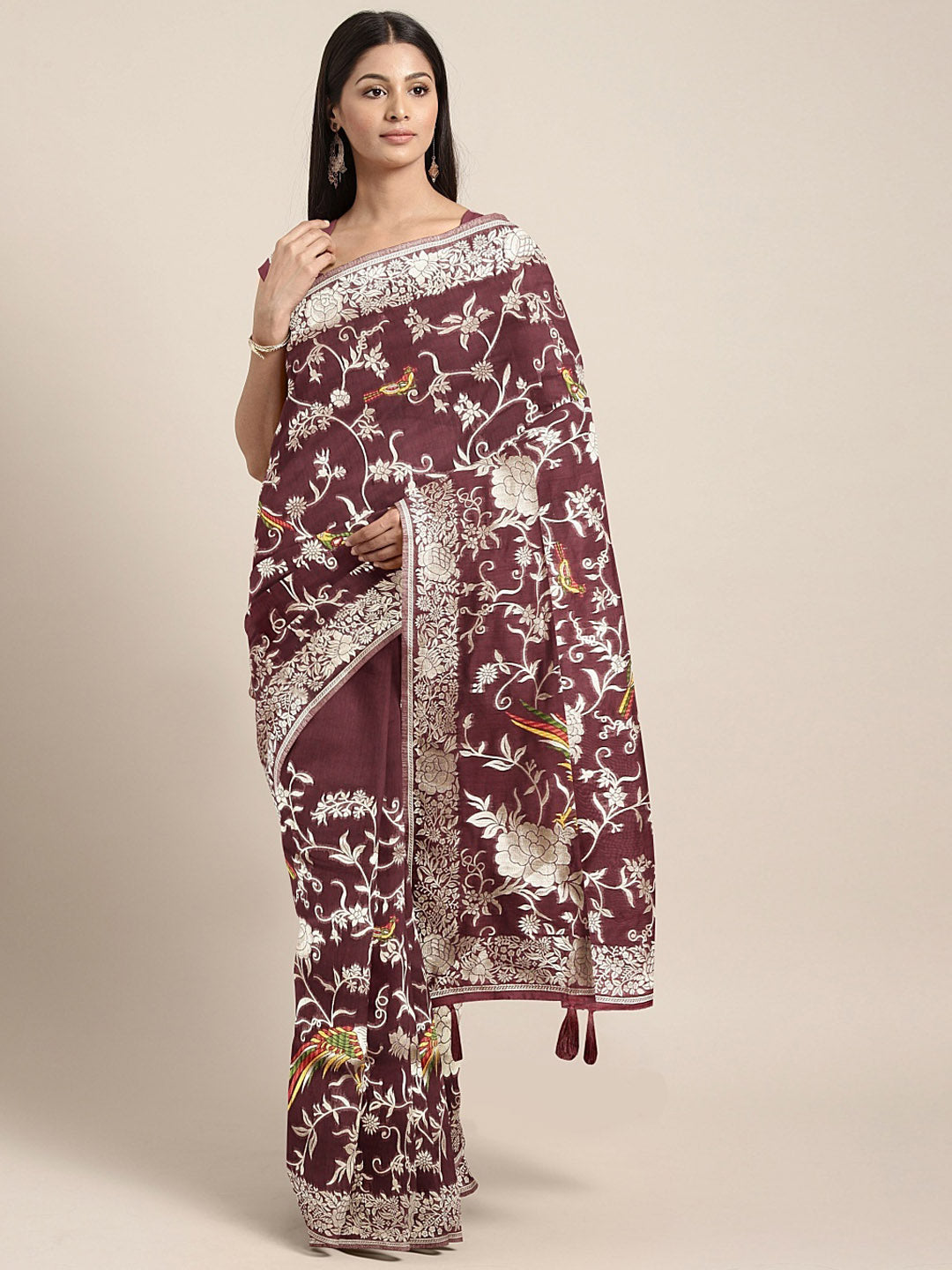 Neerus Maroon Banarasi woven saree - front view