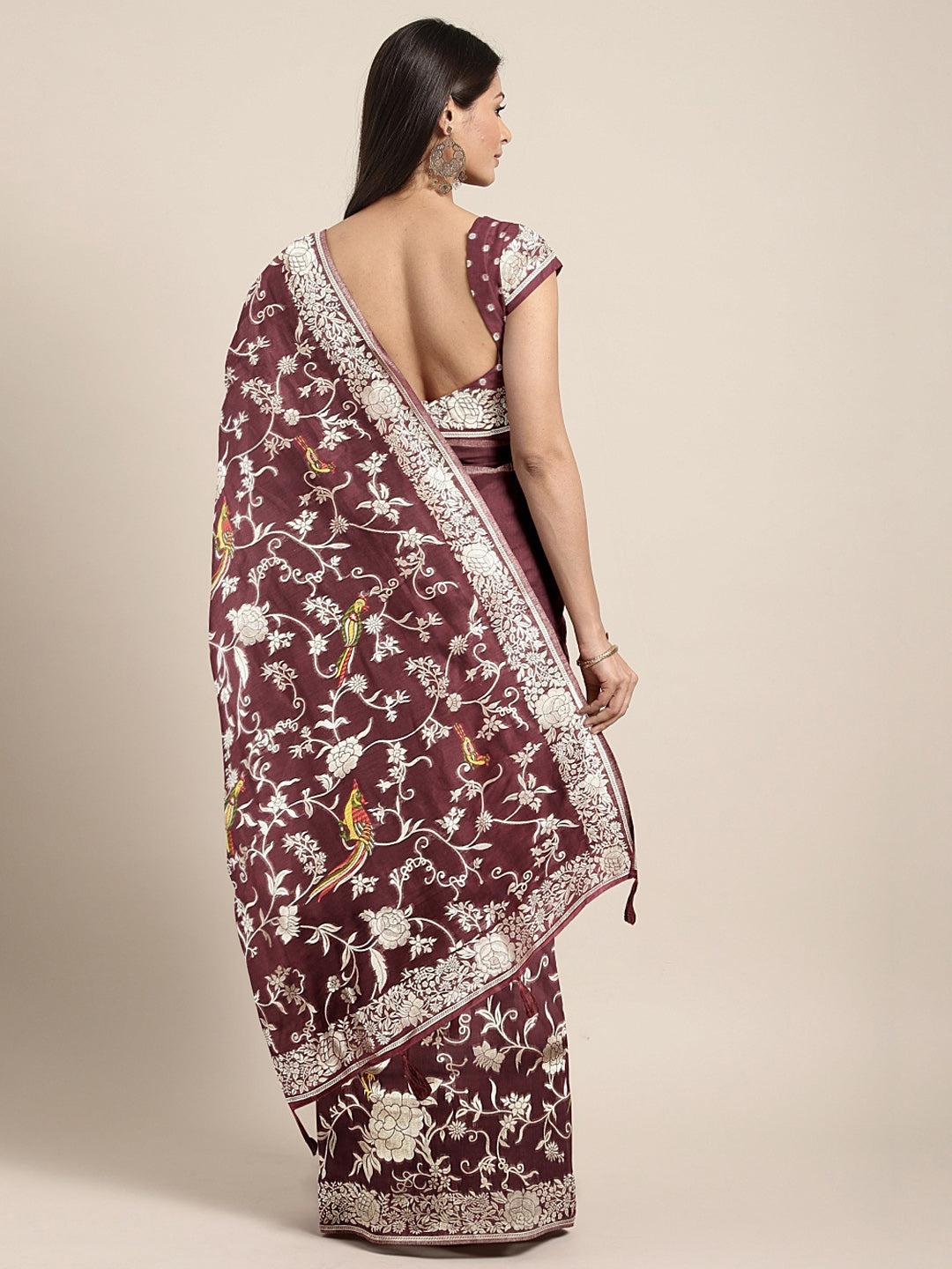 Neerus Maroon Banarasi woven saree - back view