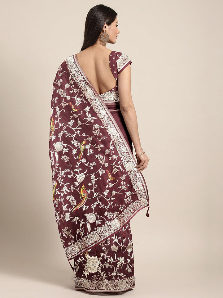 Neerus Maroon Banarasi woven saree - back view
