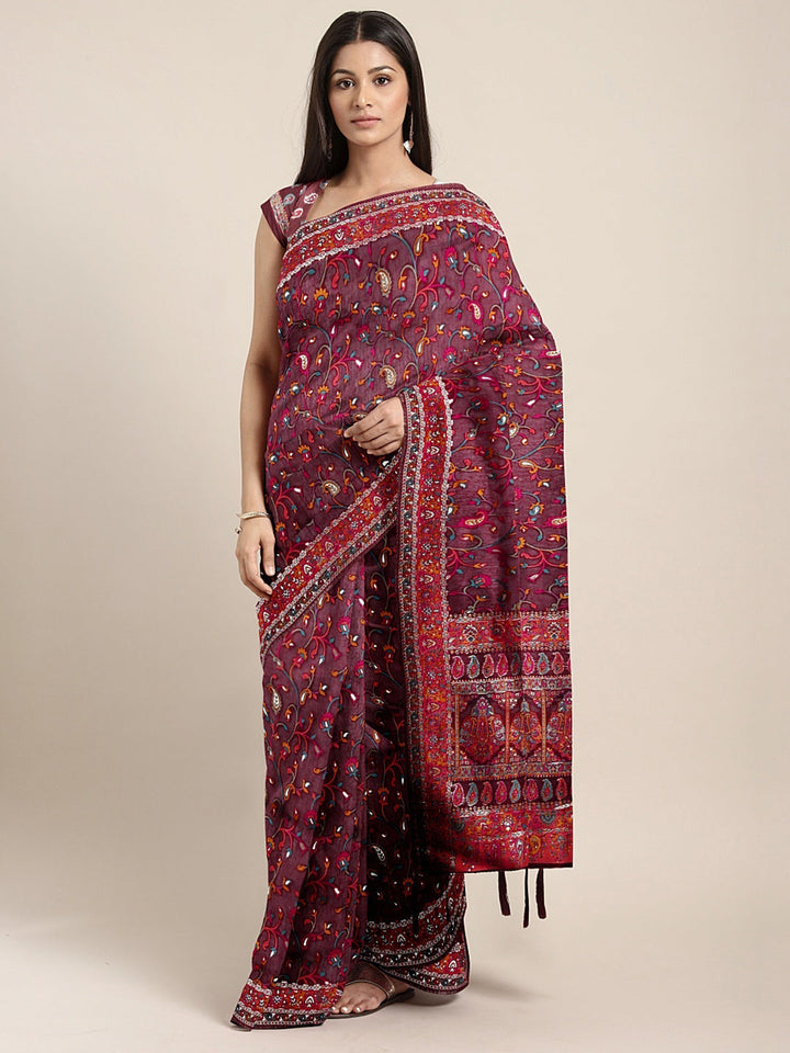 Neerus Maroon Banarasi woven saree - front view
