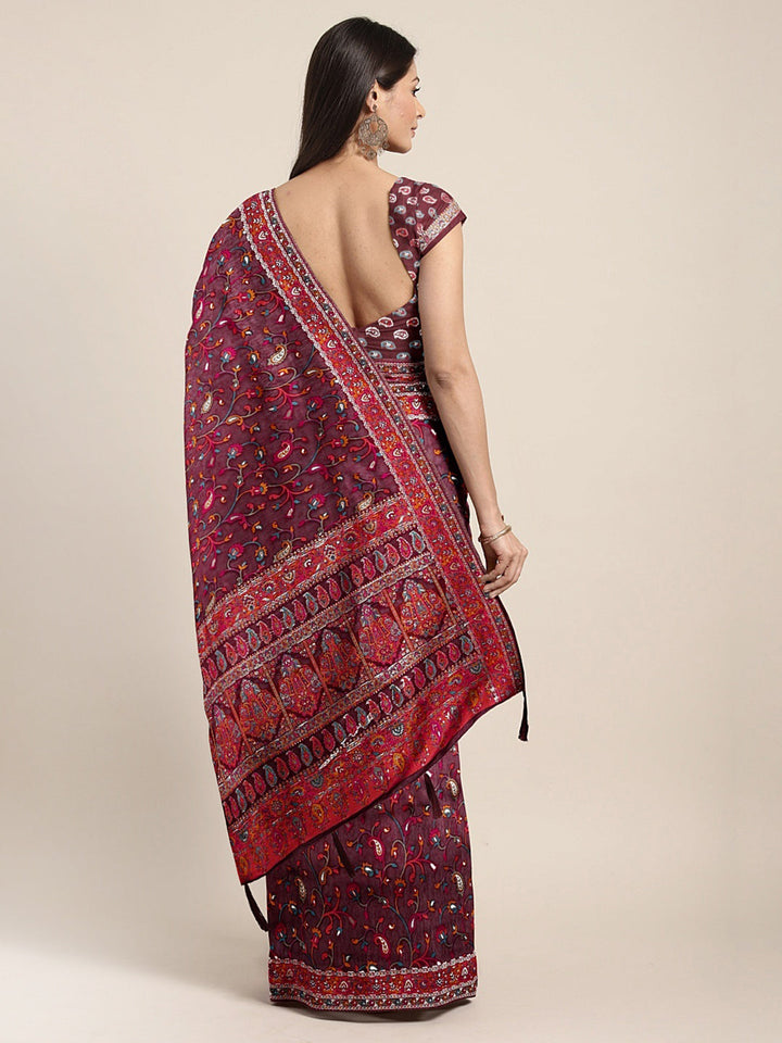 Neerus Maroon Banarasi woven saree - back view