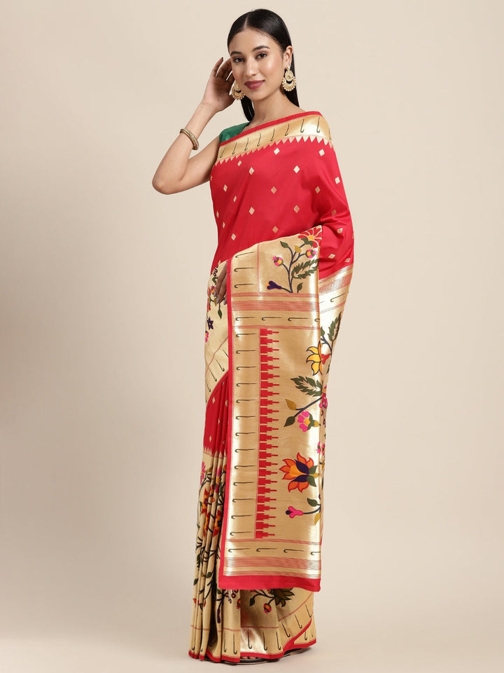 Neerus Red Banarasi woven saree - front view