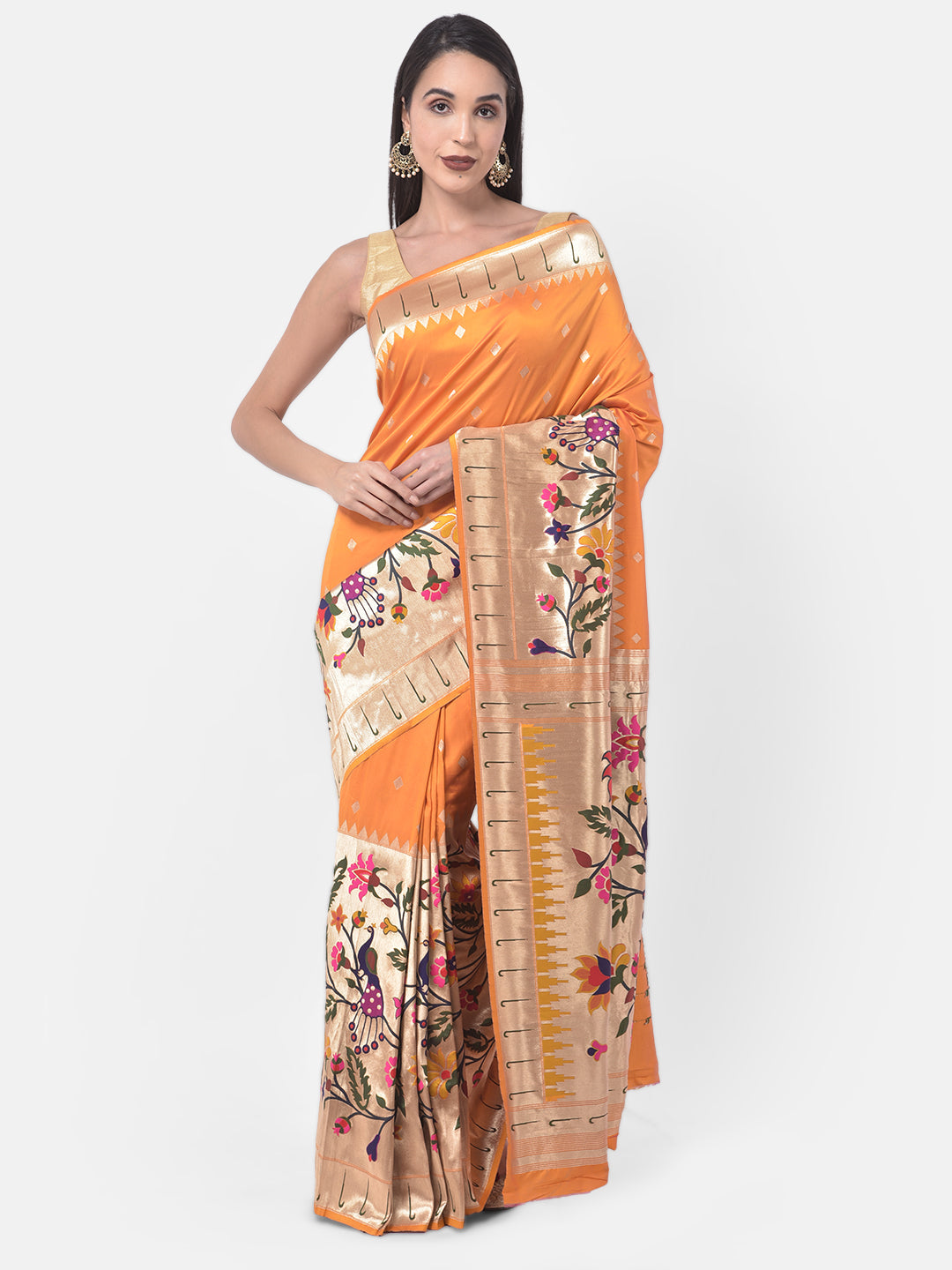 Neerus Orange georgette printed saree with blouse - front view