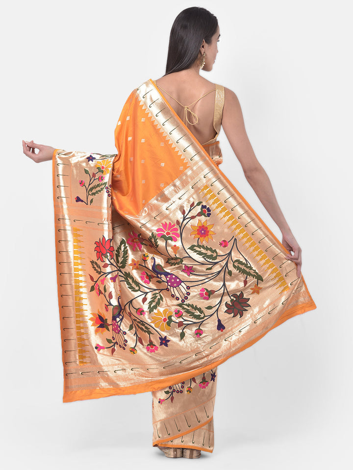 Neerus Orange georgette printed saree with blouse - back view