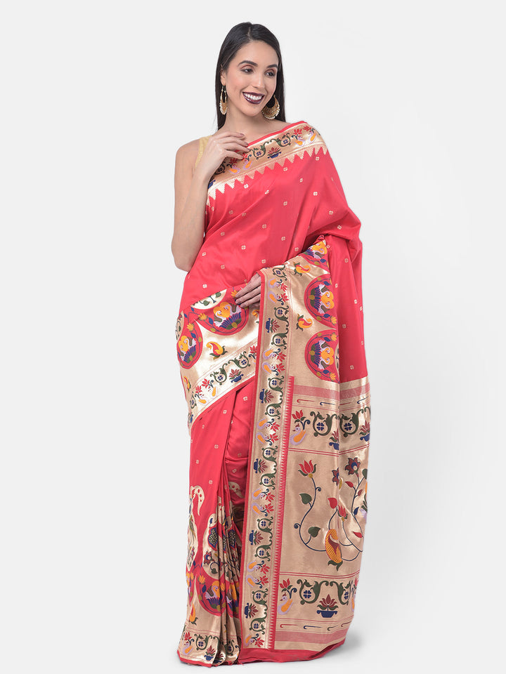 Neerus Pink Banarasi printed saree with blouse - front view