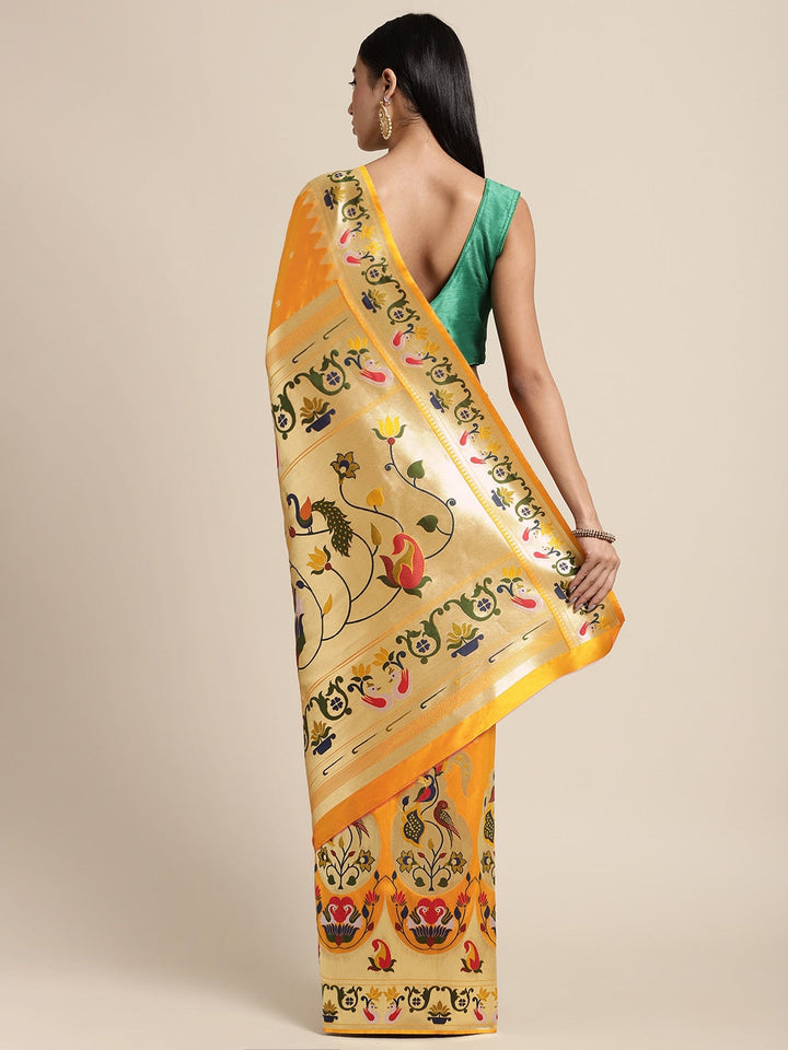 Neerus Yellow Banarasi woven saree - back view