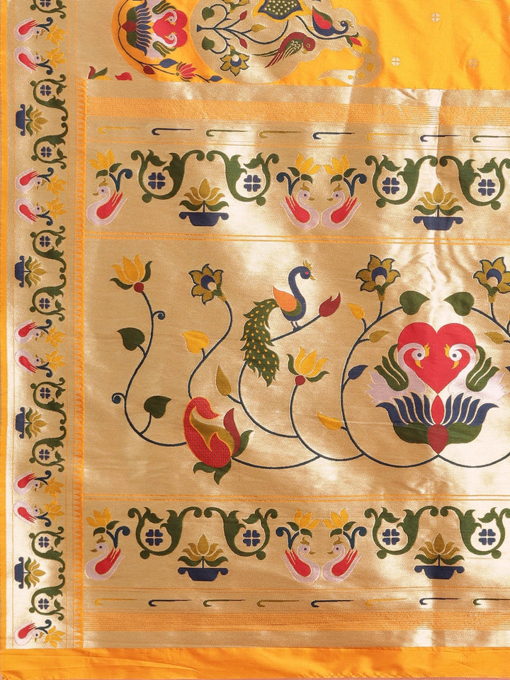 Neerus Yellow Banarasi woven saree - detail view 1