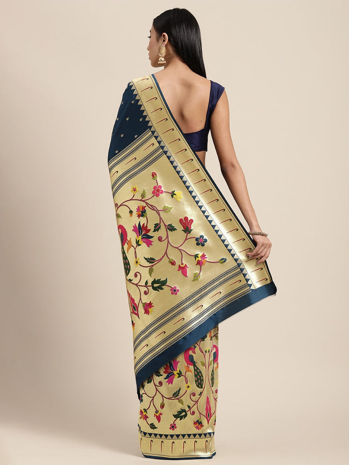 Neerus Blue Banarasi woven saree - back view