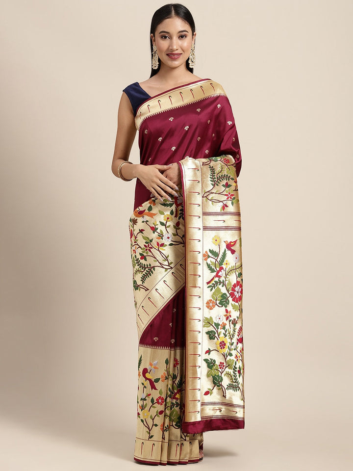 Neerus Maroon Banarasi woven saree - front view