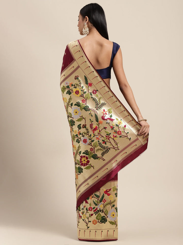 Neerus Maroon Banarasi woven saree - back view