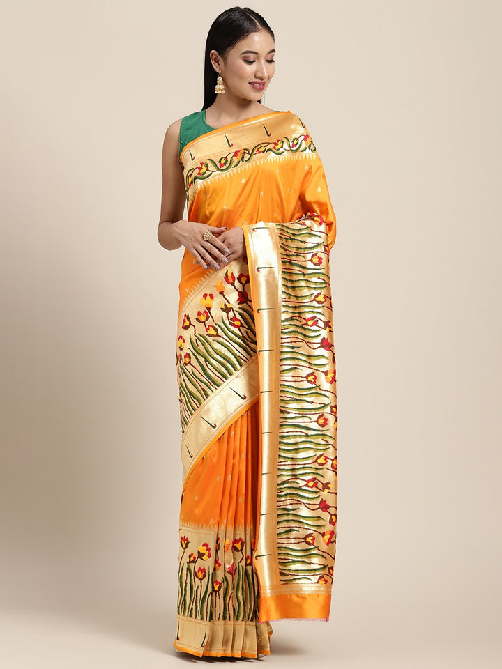 Neerus Yellow Banarasi woven saree - front view