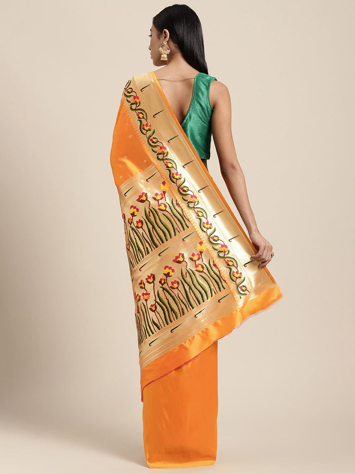 Neerus Yellow Banarasi woven saree - back view
