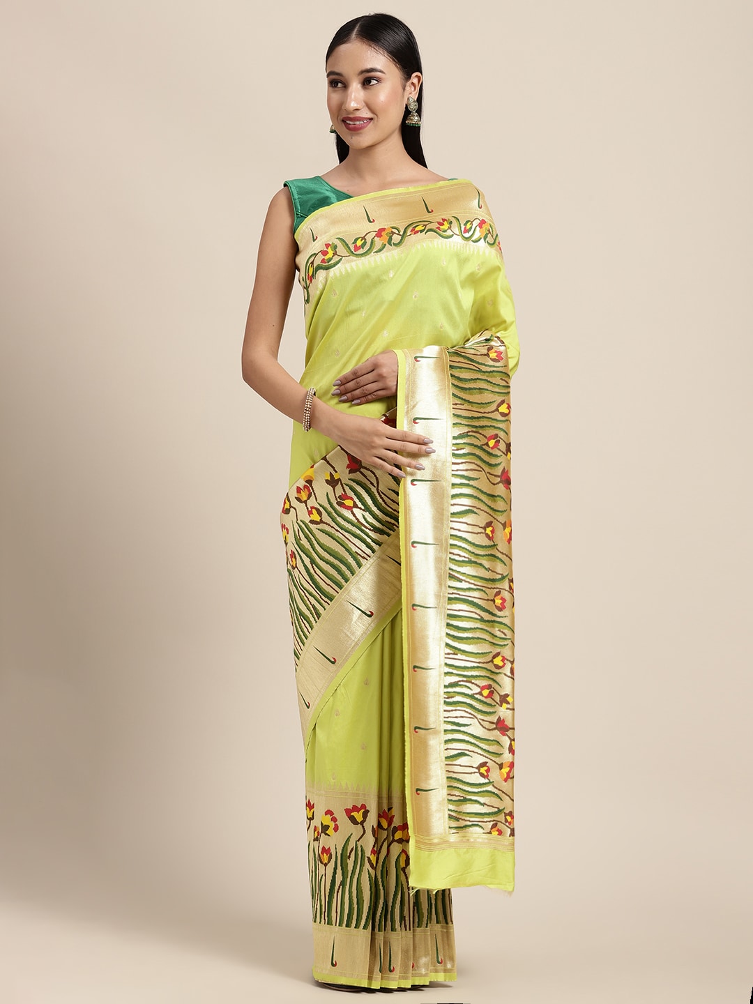 Neerus Green Banarasi woven saree - front view