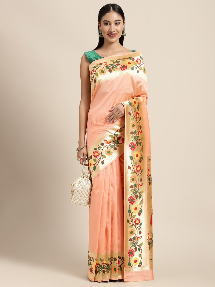 Neerus Orange Banarasi woven saree - front view