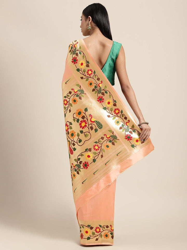 Neerus Orange Banarasi woven saree - back view