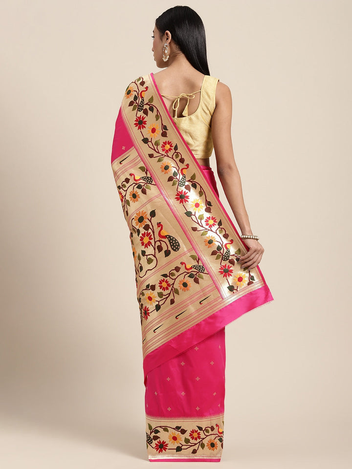 Neerus Pink Banarasi woven saree - back view