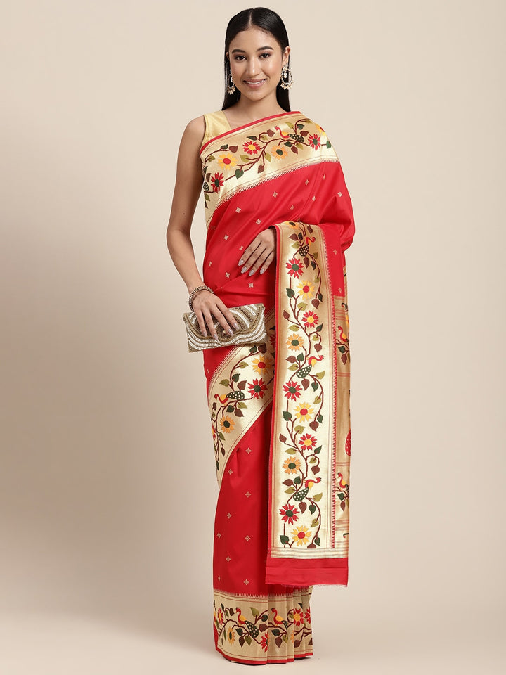 Neerus Red Banarasi woven saree - front view
