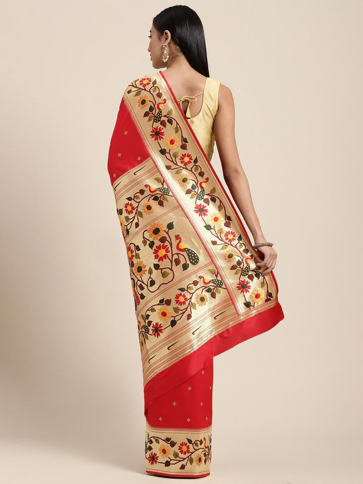Neerus Red Banarasi woven saree - back view