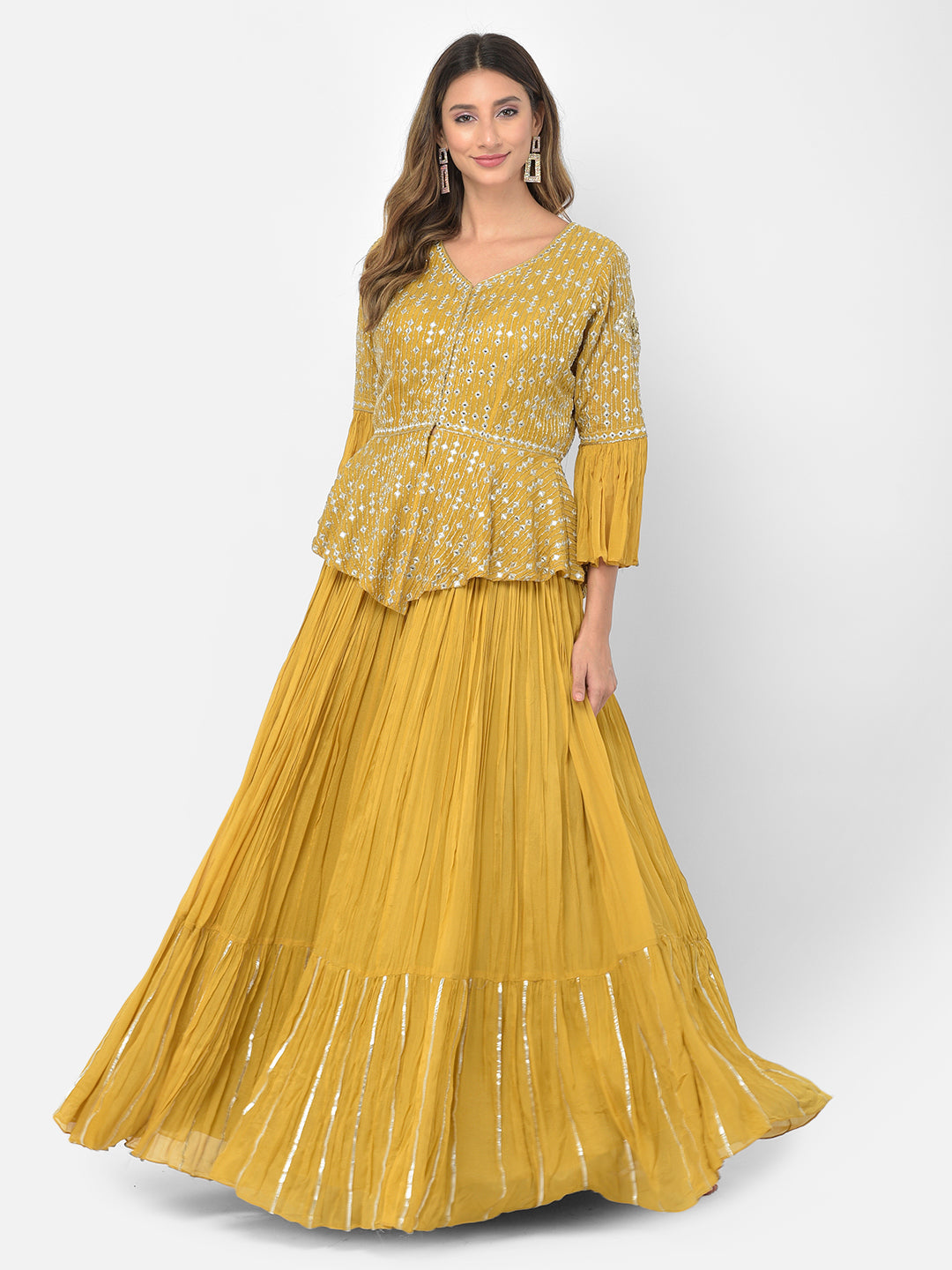 Neerus Yellow crepe mirror work kurta set - detail view 3