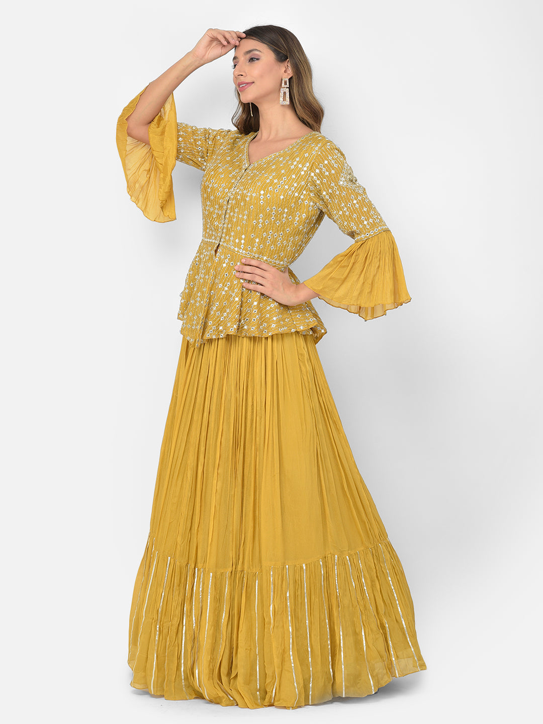 Neerus Yellow crepe mirror work kurta set - front view