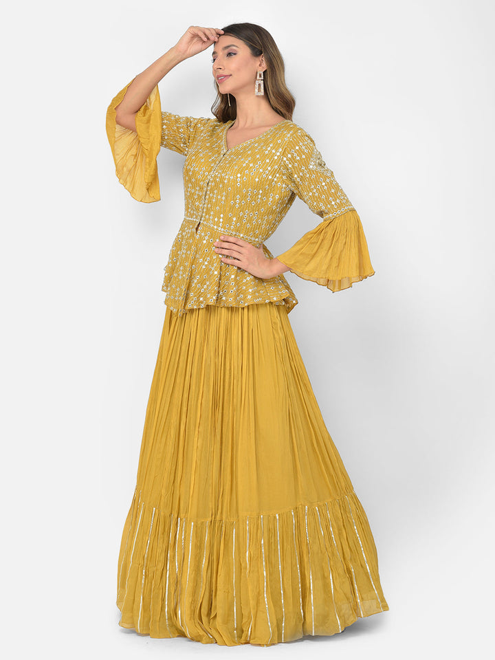 Neerus Yellow crepe mirror work kurta set - front view