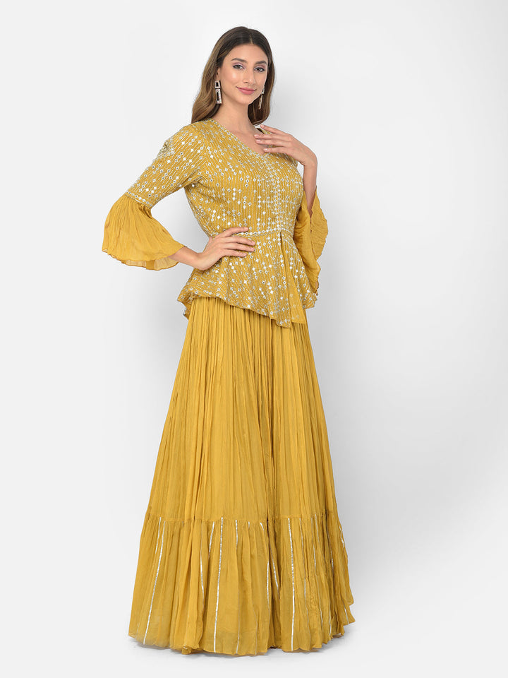 Neerus Yellow crepe mirror work kurta set - back view