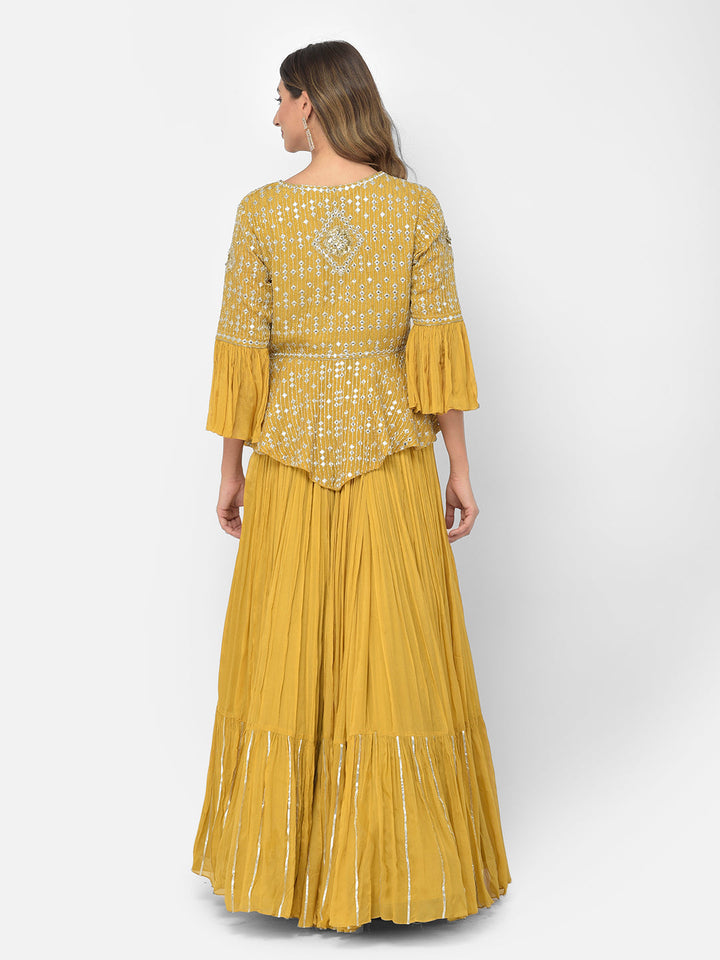 Neerus Yellow crepe mirror work kurta set - side view