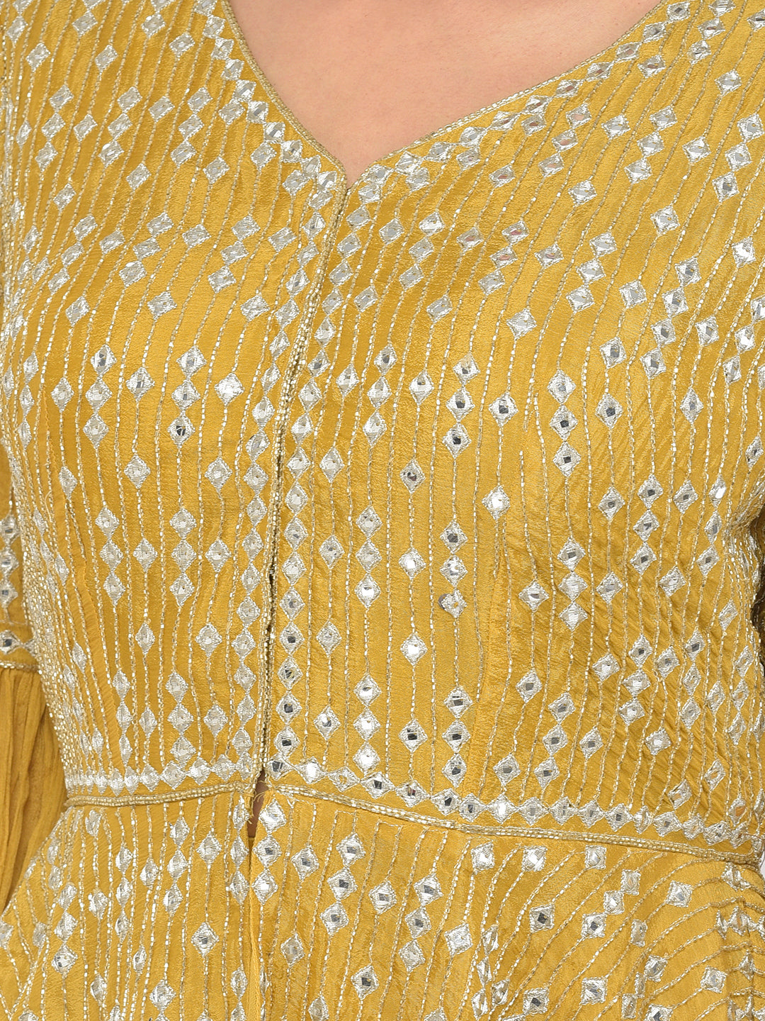 Neerus Yellow crepe mirror work kurta set - detail view 1