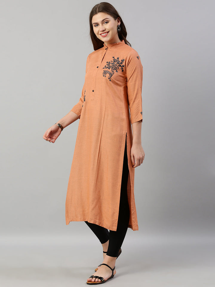 Neerus Orange rayon embroidered straight kurti - detail view 1