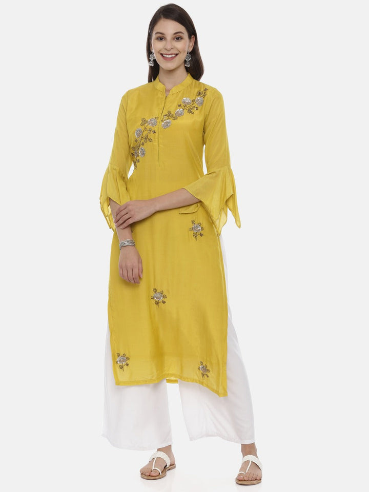 Neerus Yellow muslin embellished straight kurta - front view