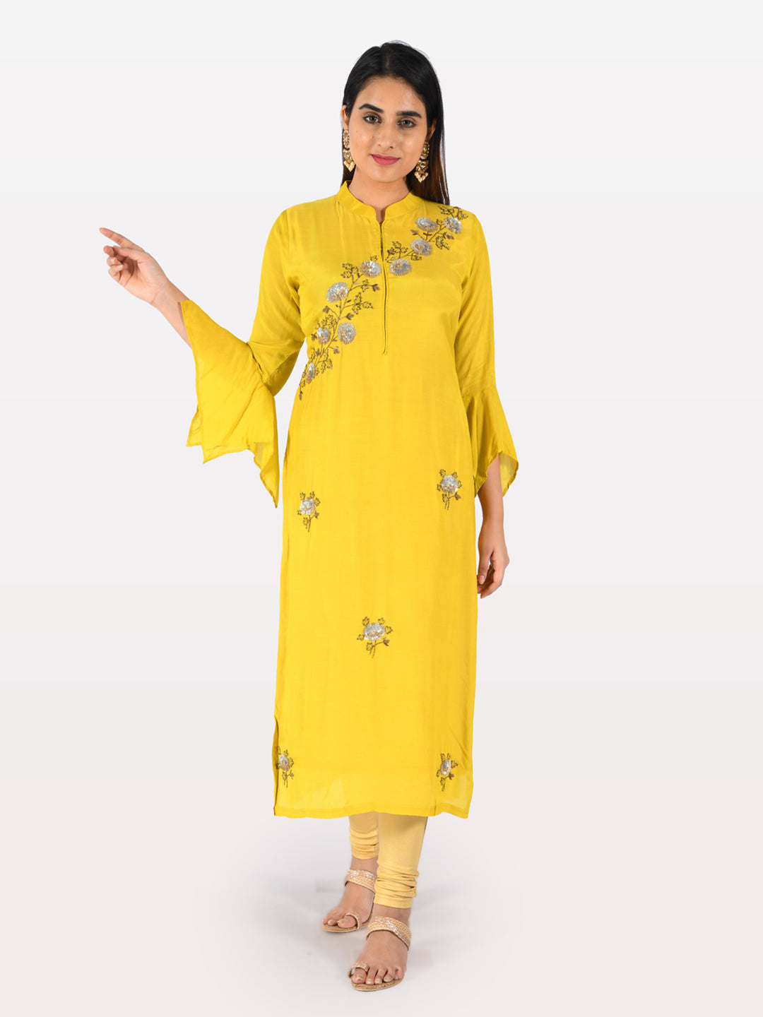 Neerus Yellow muslin embellished straight kurta - detail view 4