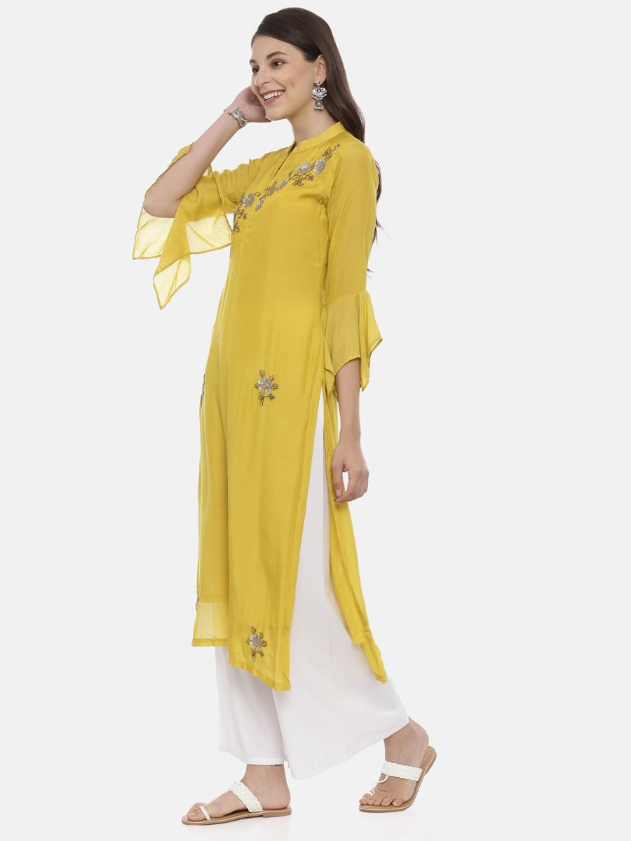 Neerus Yellow muslin embellished straight kurta - side view