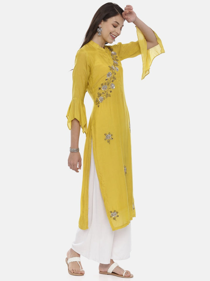 Neerus Yellow muslin embellished straight kurta - detail view 1