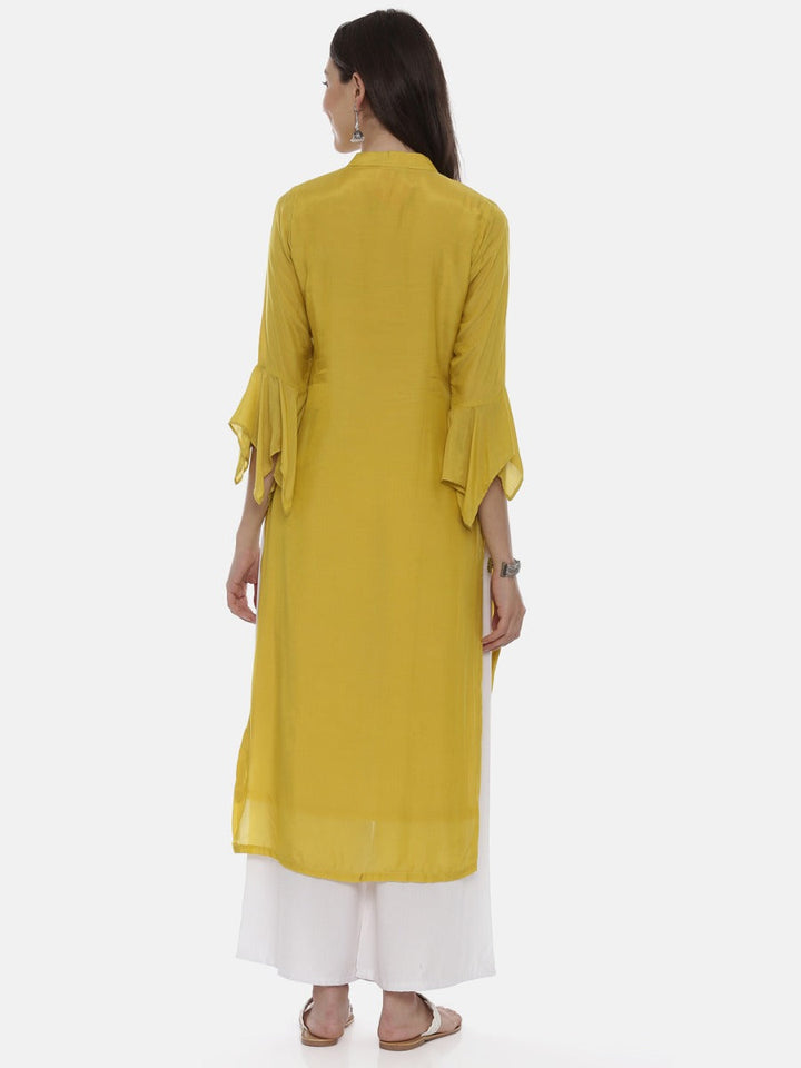 Neerus Yellow muslin embellished straight kurta - detail view 2