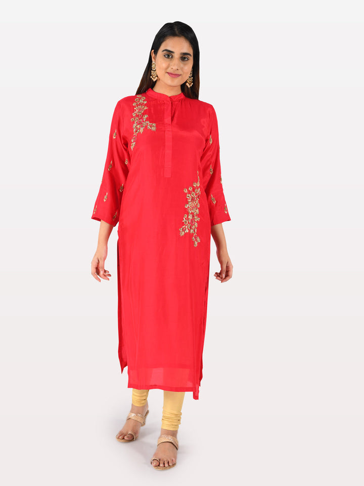 Neerus Red muslin embroidered straight kurta - front view