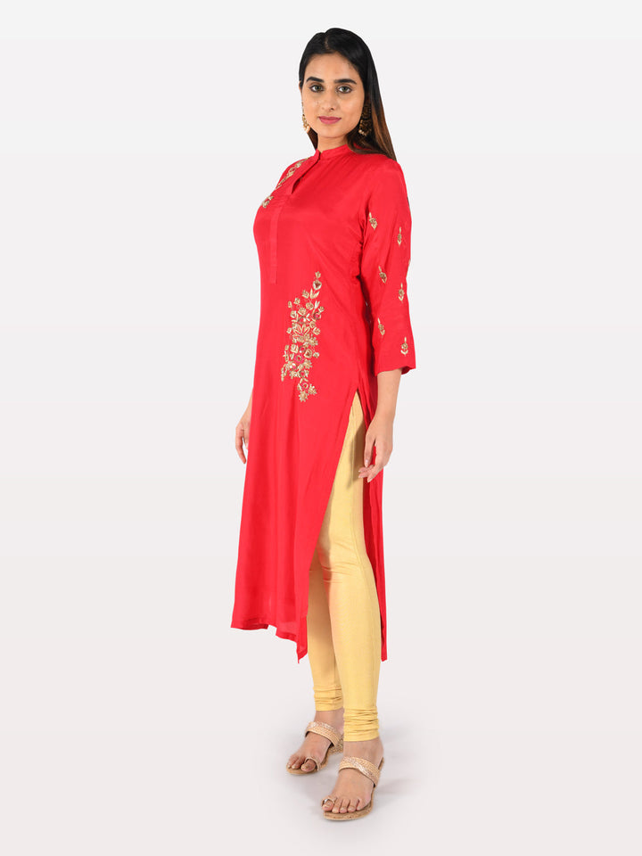 Neerus Red muslin embroidered straight kurta - back view