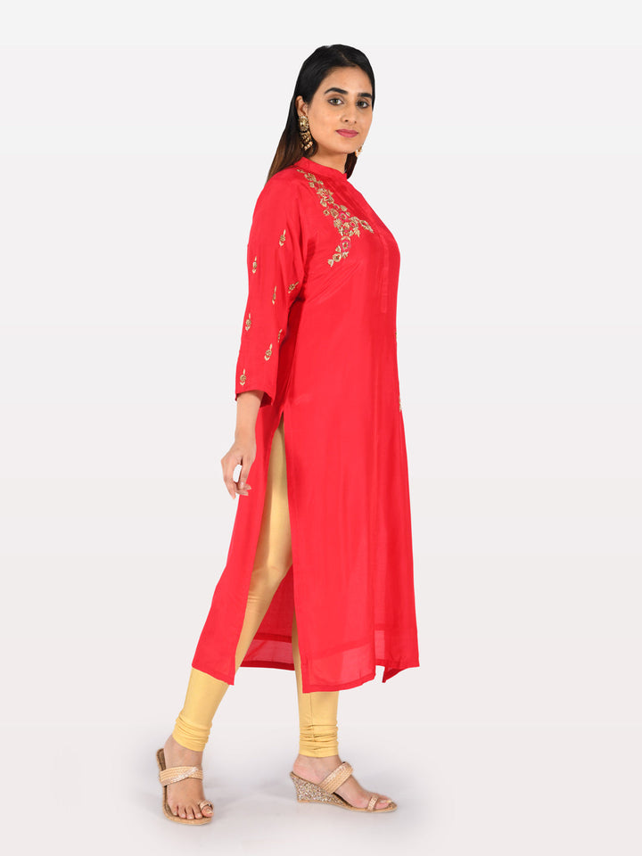 Neerus Red muslin embroidered straight kurta - side view