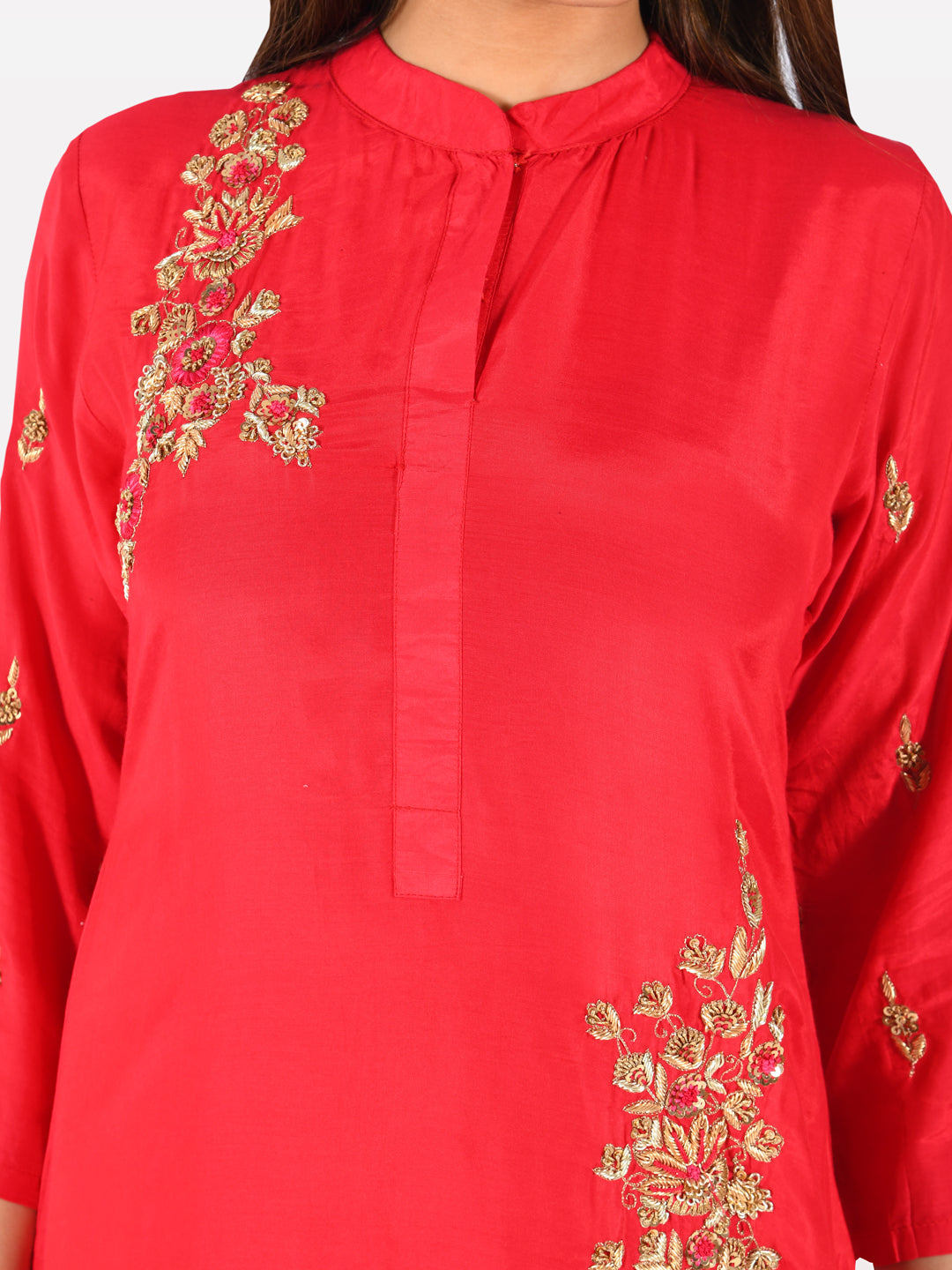 Neerus Red muslin embroidered straight kurta - detail view 1