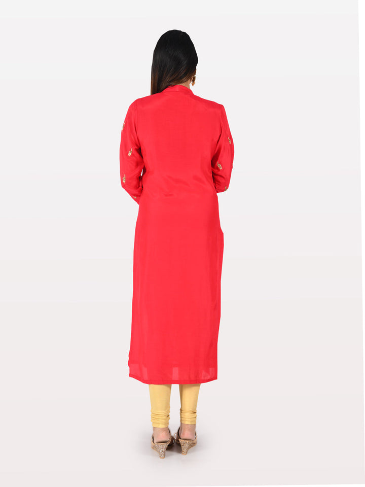 Neerus Red muslin embroidered straight kurta - detail view 2
