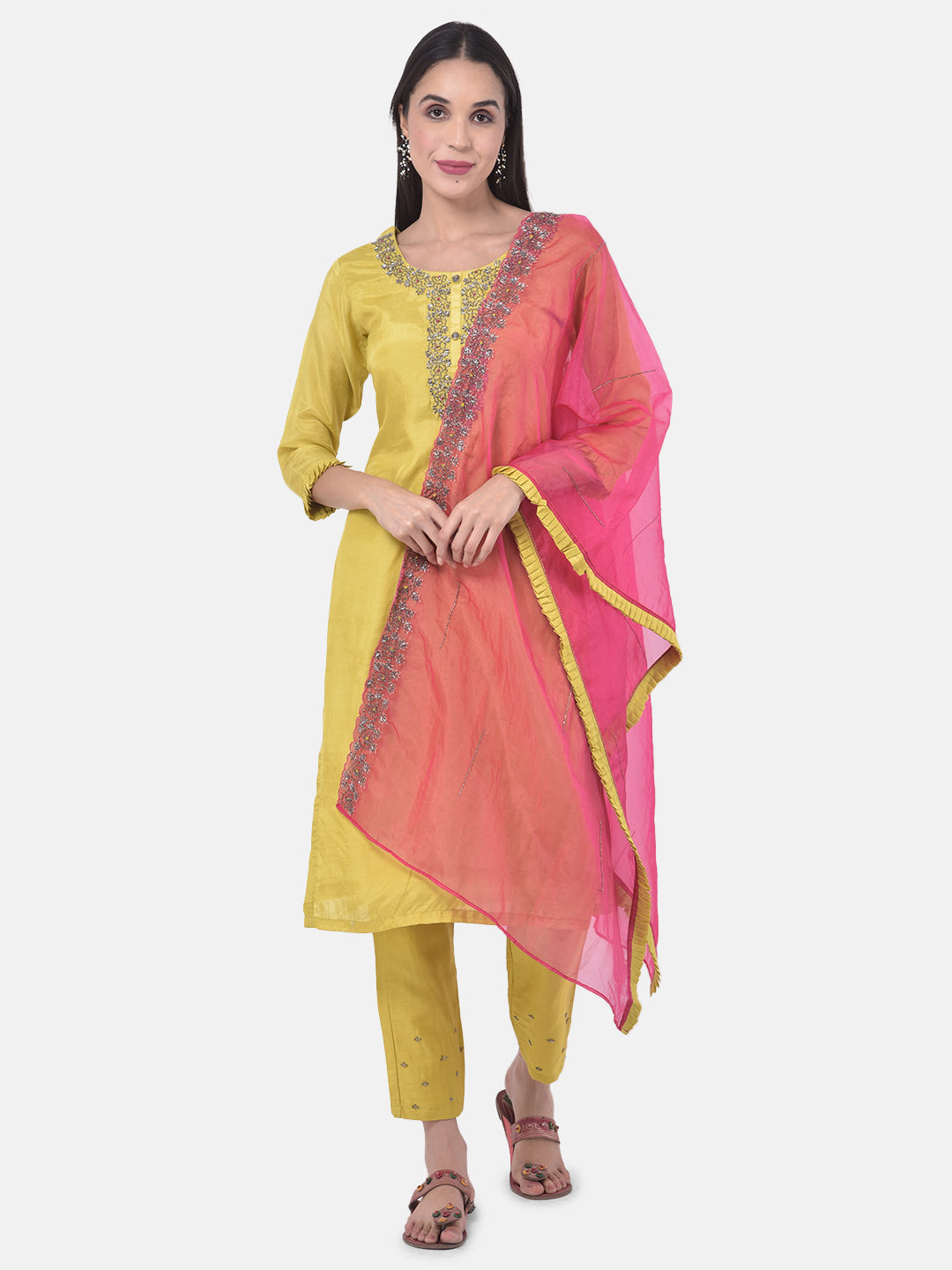 Neerus Yellow embellished kurta set with pant and dupatta - detail view 5