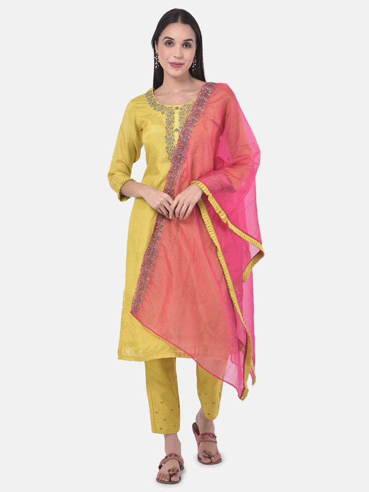 Neerus Yellow embellished kurta set with pant and dupatta - detail view 5