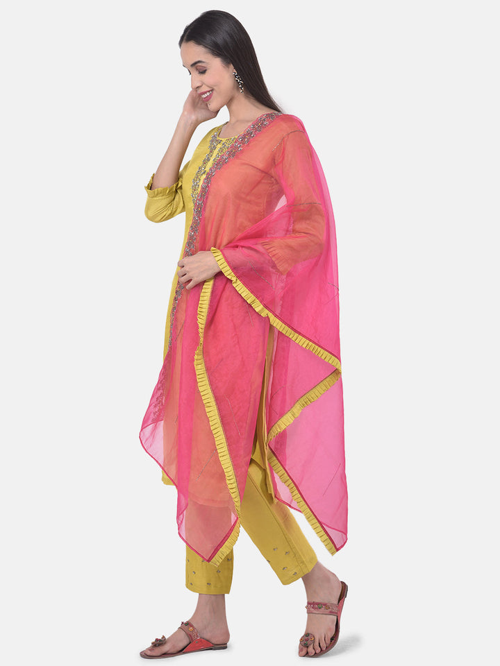 Neerus Yellow embellished kurta set with pant and dupatta - front view
