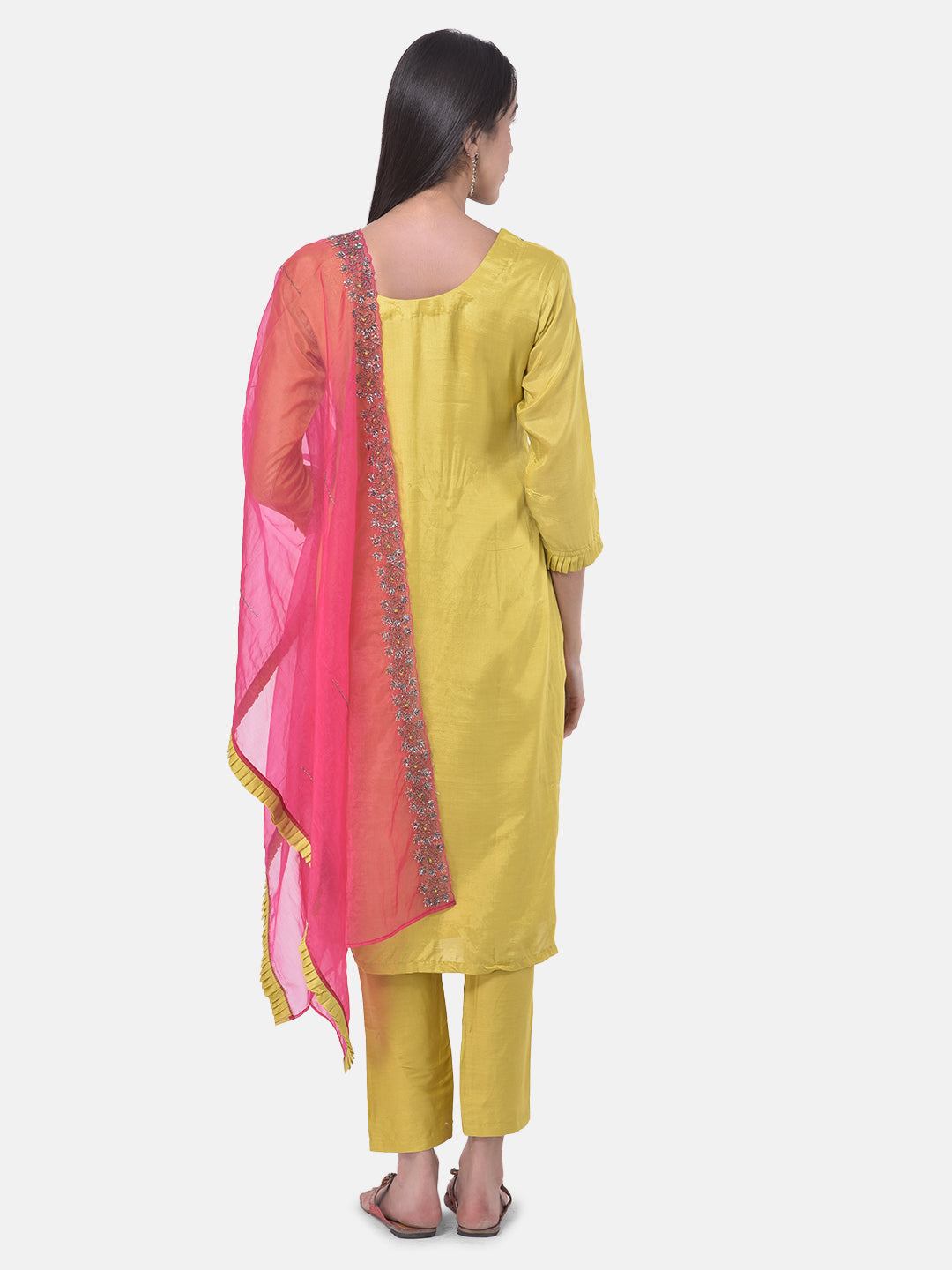 Neerus Yellow embellished kurta set with pant and dupatta - side view