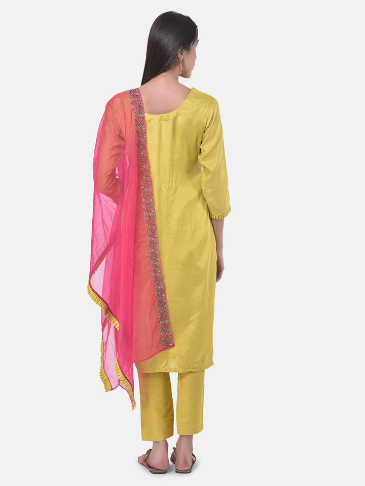 Neerus Yellow embellished kurta set with pant and dupatta - side view