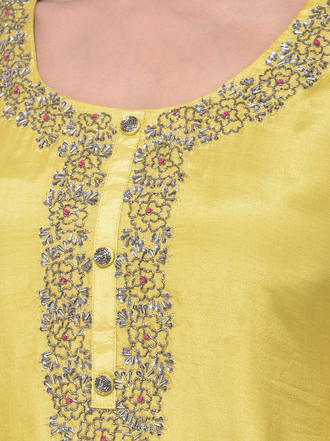 Neerus Yellow embellished kurta set with pant and dupatta - detail view 1