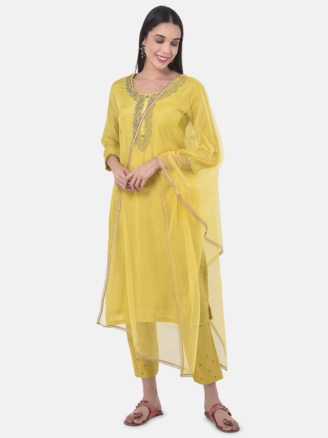 Neerus Yellow embellished kurta set with pant and dupatta - detail view 2