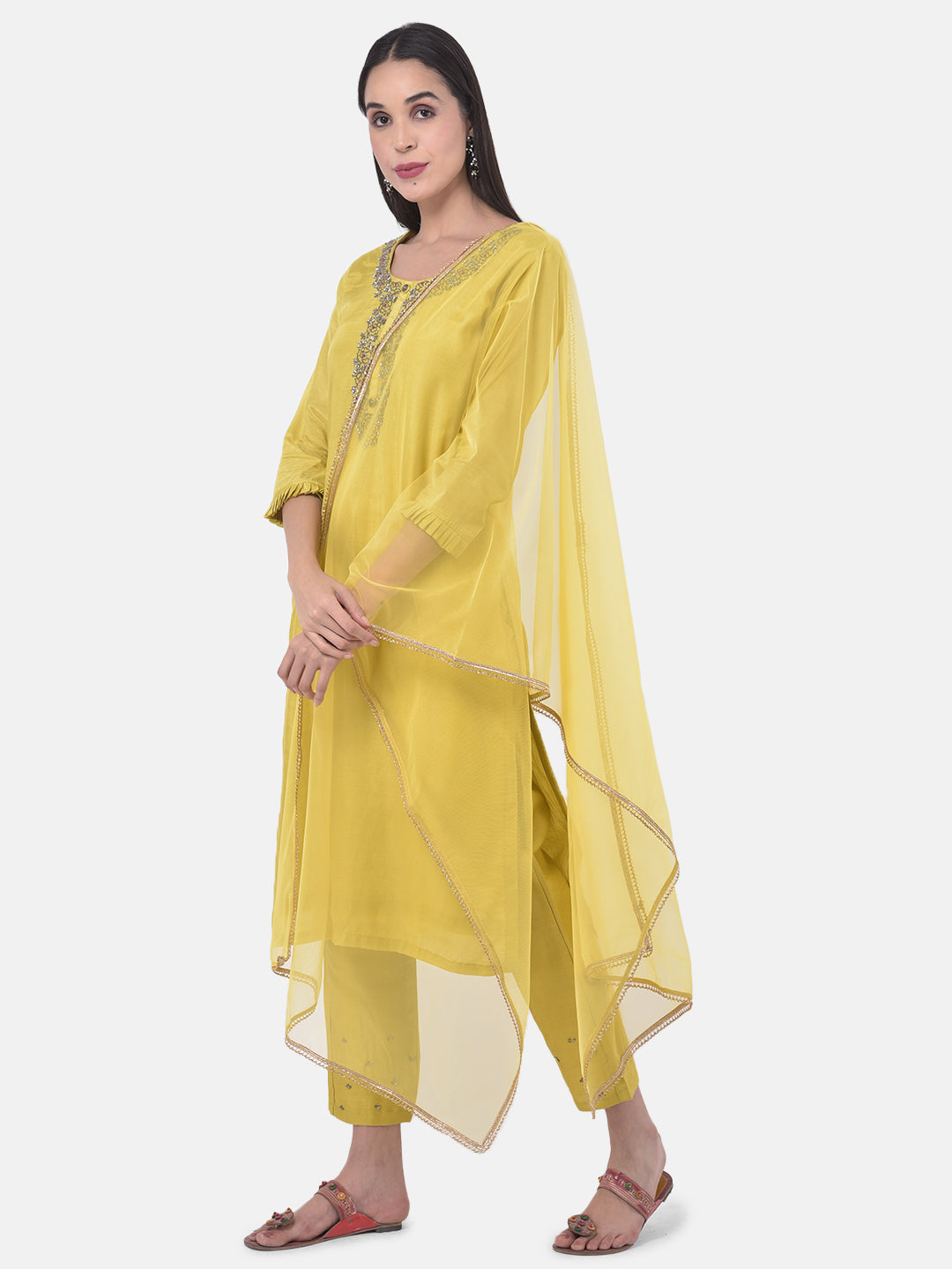 Neerus Yellow embellished kurta set with pant and dupatta - detail view 3